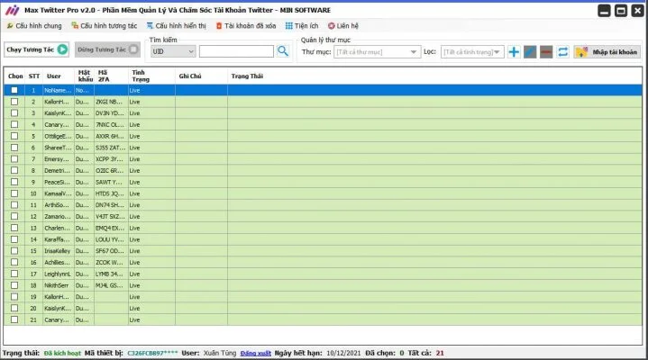 Twitter account maintenance tool – software interface